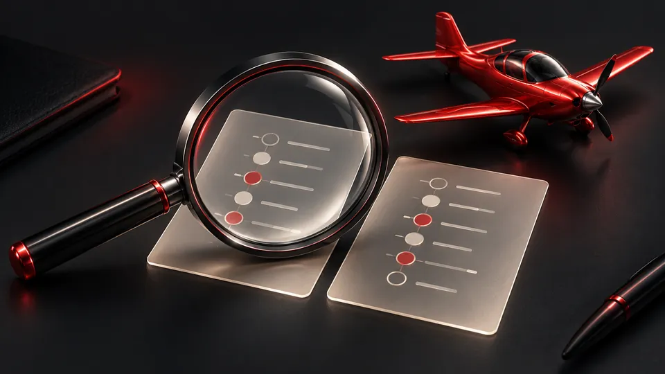 Checking completed Aviator round records Magnifying glass over two abstract round-record cards beside a red model aircraft