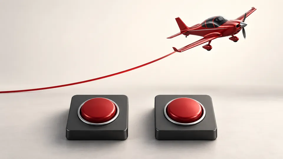 Aviator flight path and independent bet controls Red propeller aircraft above a curved flight path and two separate control buttons