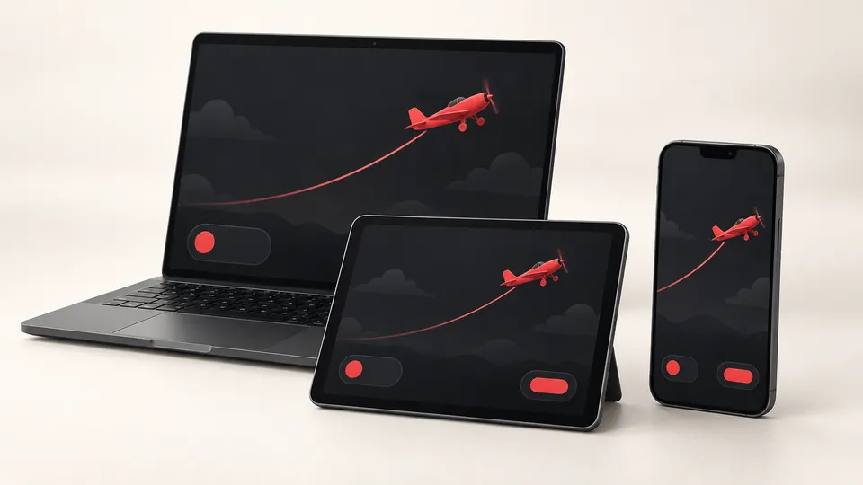 Aviator on mobile, tablet and desktop Laptop, tablet and smartphone with red aircraft illustrations on dark screens