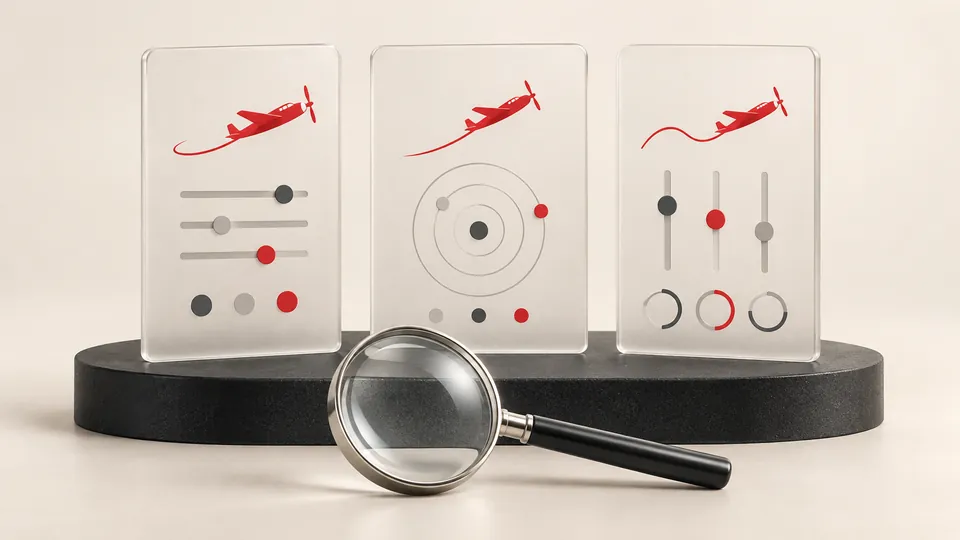 Comparing Aviator platform features and terms Three ivory platform cards with red aircraft motifs beside a magnifying glass