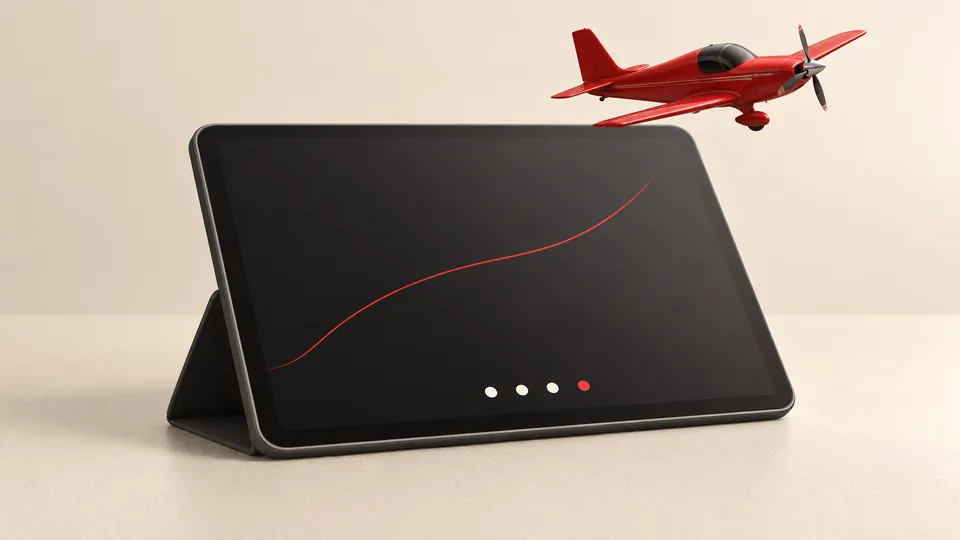 Practising the stages of an Aviator round Red aircraft above a tablet showing a curved flight path and four practice steps