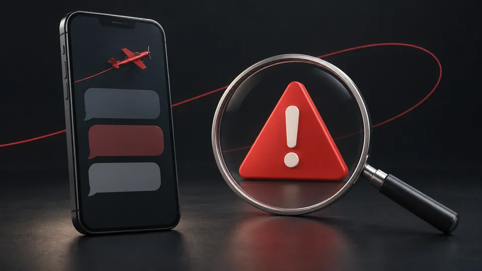 Checking Aviator prediction claims Magnifying glass examining a warning triangle beside a phone with blank message bubbles