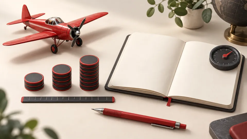 Comparing stake sizes and total exposure Red model aircraft beside a blank notebook, three stacks of counters and a small dial