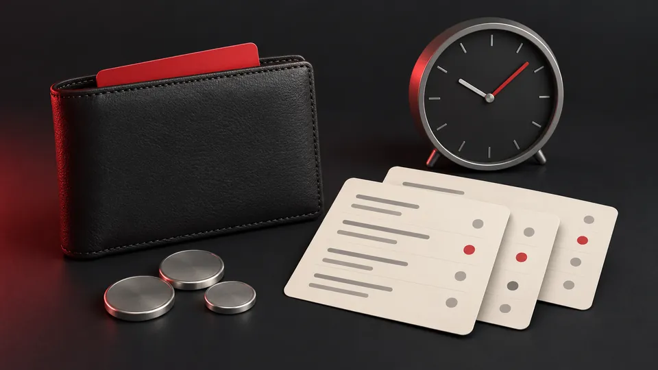 Reviewing withdrawal records and processing status Dark wallet with a red card beside transaction records, three silver discs and a clock